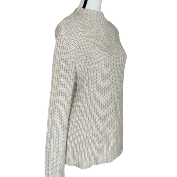 Elie Tahari Shimmer Cream Ribbed Mock Neck Sweater *Large Chunky Knit Wool Blend - Picture 2 of 6